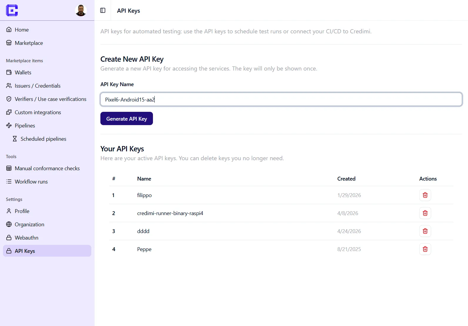 Hub API keys settings