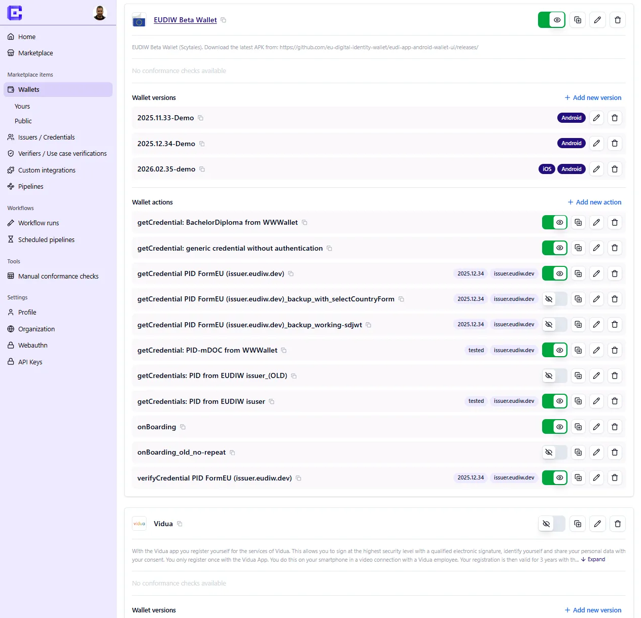 Wallets page